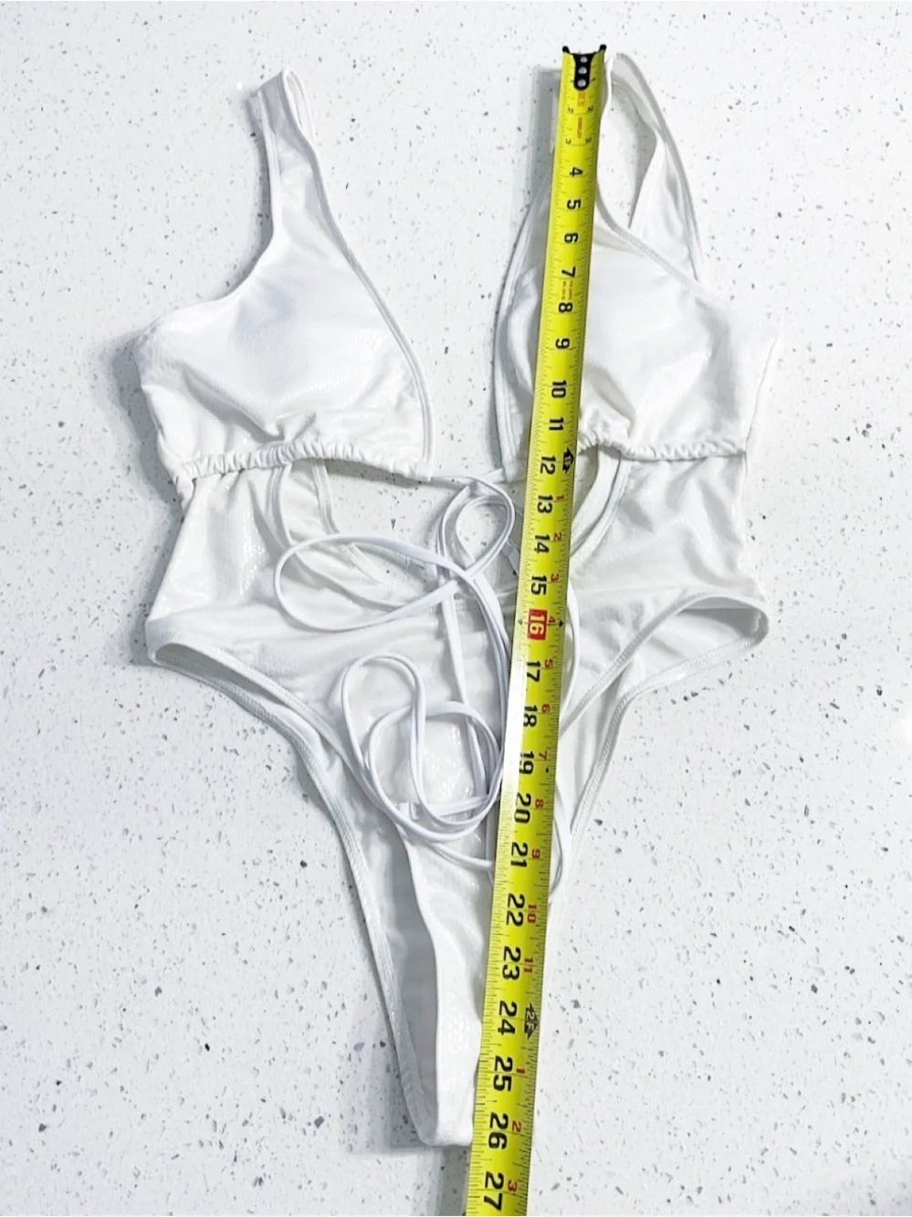 White Snakeskin Shimmer Cutout One-Piece Swimsuit Size M Open Back - Picture 8 of 9